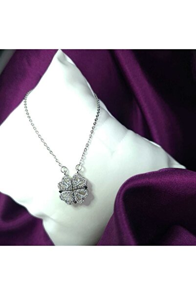 JBSS Mıknatıslı Açılıp Kapanabilen Yonca Kalp Çelik Şans Kolye