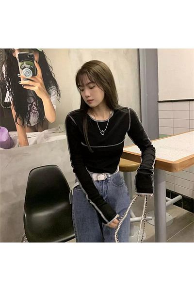 Köstebek Plain Black Half Women's Long Sleeve Crop with Gray Stitching Detail