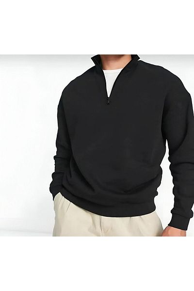 trendgar Black Plain Sweater - Stand Collar and Half Fermwar