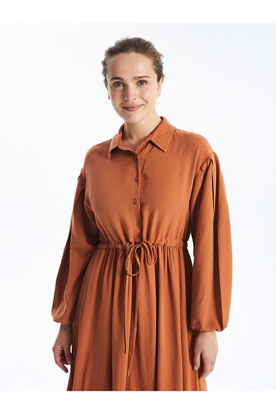 LC Waikiki Γυναικείο φόρεμα LCW Modest - Ανοιχτό χακί, γιακάς πουκάμισου, μακρυμάνικο, λινό μείγμα