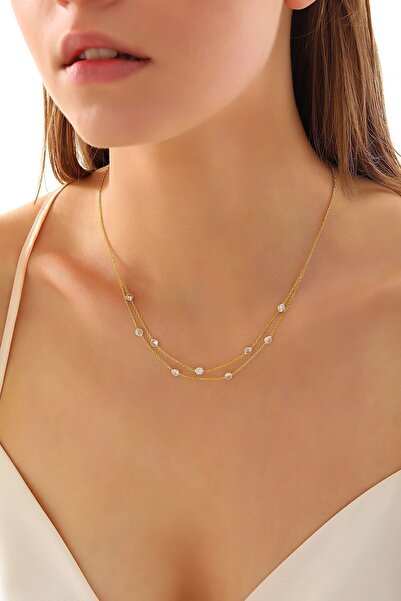 Queen Silver Jewelry 925 Ayar Gümüş, Zirkon Taşlı Çift Zincirli Kolye