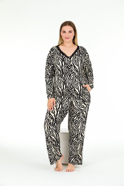 Truva XXL Plus Size Button Zebra Print Long Sleeve Pajamas Set