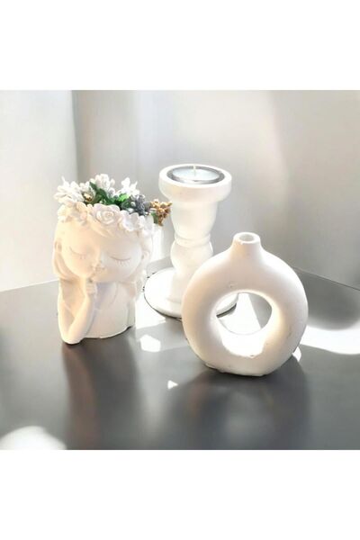 M&C Concept Dekoratif Çiçekçi Kız Saksı Vazo Beton Sütun Şamdan Set