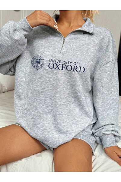 LOUİSA Γυναικείο φούτερ Oxford Printed Grey - Μισό φερμουάρ, γιακάς