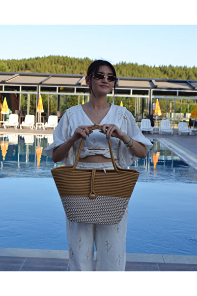 HomeTurko Double Colored Jute Buttoned Women's Beach Bag - Accessory, Daily Casual, Natural Handmade