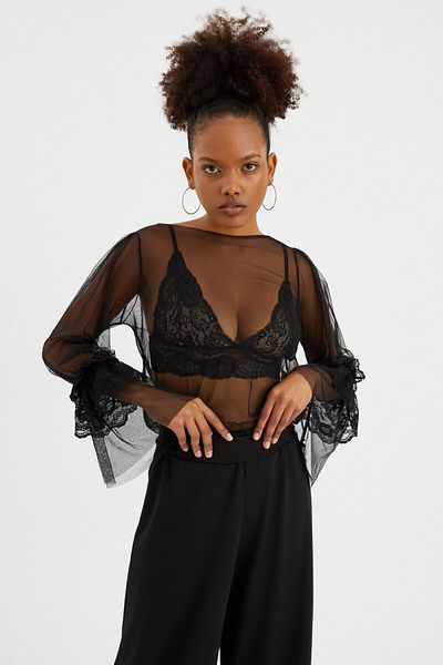 Quincey Tulle Blouse - Lace Sleeve Detail