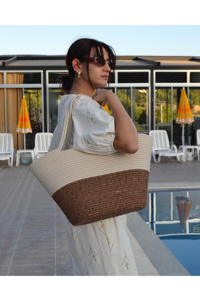 HomeTurko Double Colored Jute Buttoned Women's Beach Bag - Accessory Daily Casual Bag, Natural Handmade Stylish Bag