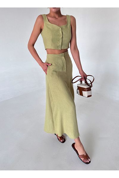Laluvia Vászonkészlet - Khaki 100% pamut, gombos mellény és szoknya
