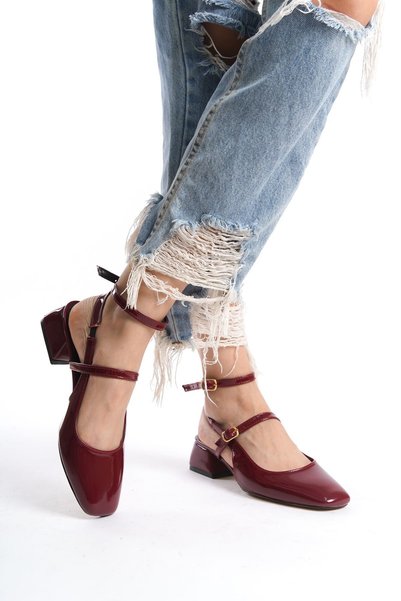 moon glow Women's Mary Jane Burgundy Patent Leather Open Back Square Toe Short Block Heeled Shoes New Season