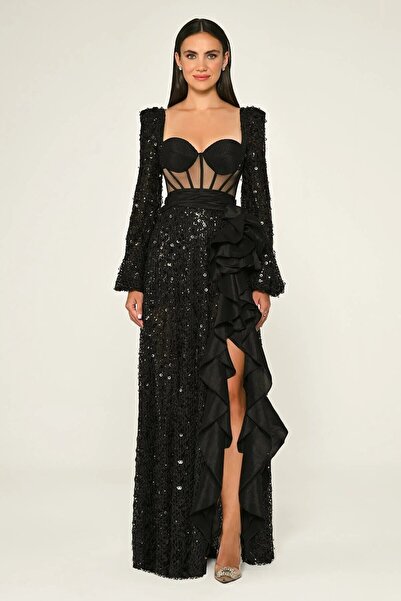 ALFABETA Korse Transparan Bel Pullu File Uzun Elbise