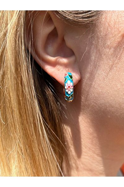 ByMerve Bym235 Vintage Women's Earrings - Floral Pattern, Enameled Blue, Steel Ring