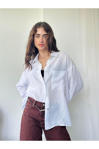 Retrobird Cămașă Lată Albă - Design, Nasturi sidef, Femei