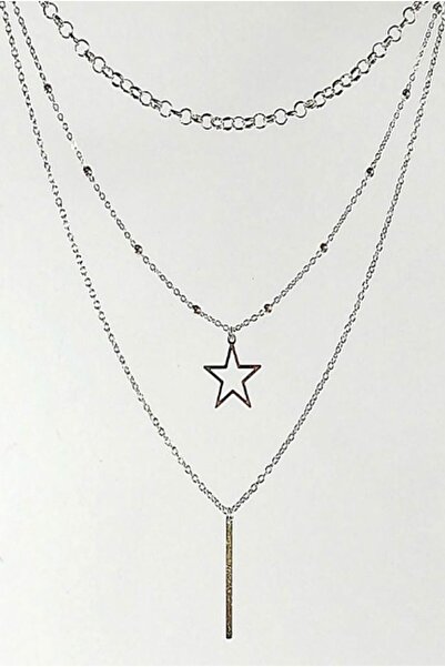 TakıConcept Gümüş Zincirli Yıldız Ve Çubuk Motifli Üçlü Sallantılı Uzun Kolye...