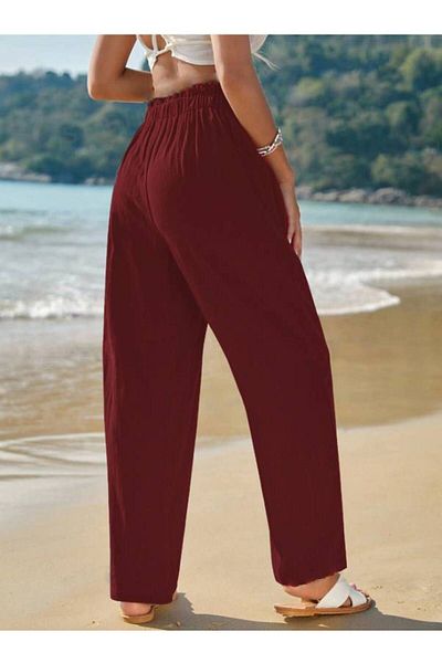 night blue Summer Linen Trousers - Pleat Detailed, Claret Red