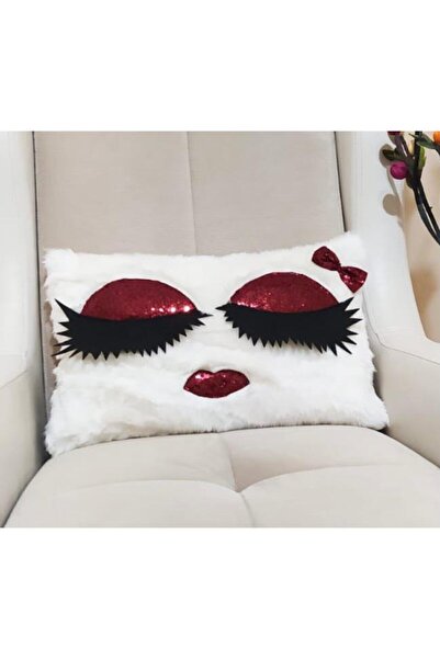 YILMAZHOME Peluş Kirpikli Kırlent Kılıfı - (beyaz Peluş-kırmızı Göz)