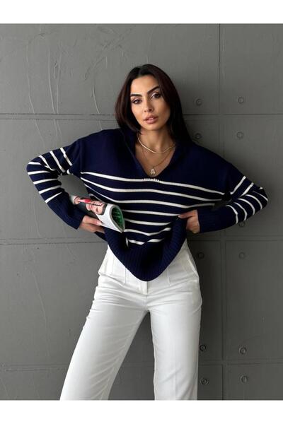 MsLena Butik سترة تريكو مخططة باللون الأزرق الداكن - M274-6784