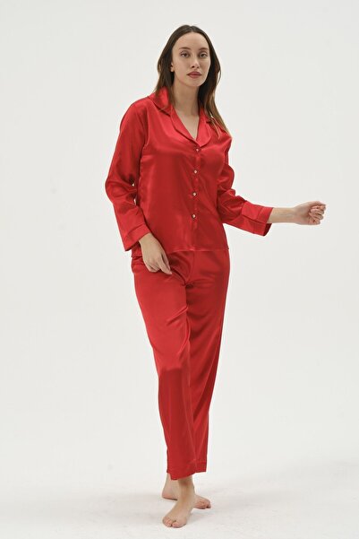 SATTENS Γυναικείο κοστούμι πιτζάμες με γιακά Απλό σατέν