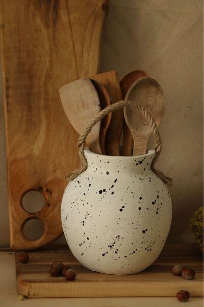 Hoyatap Halat Askılı Tombul Siyah Desenli Dekoratif İskandinav Vazo & Kaşıklık