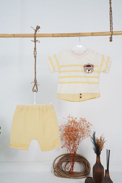 WOW LANUGO Baby Boy Summer Top and Bottom Set Muslin Shorts Teddy Bear Embroidered