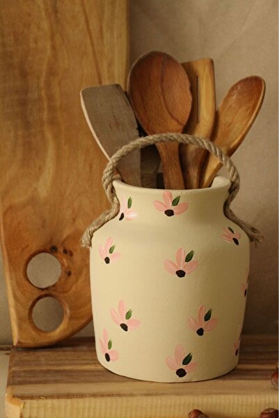 Hoyatap Pembe Çiçek Desenli El Yapımı Halat Askılı Kaşıklık & Vazo