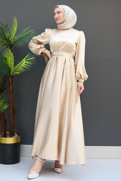 giz astore Saten Kemerli Elbise Gold