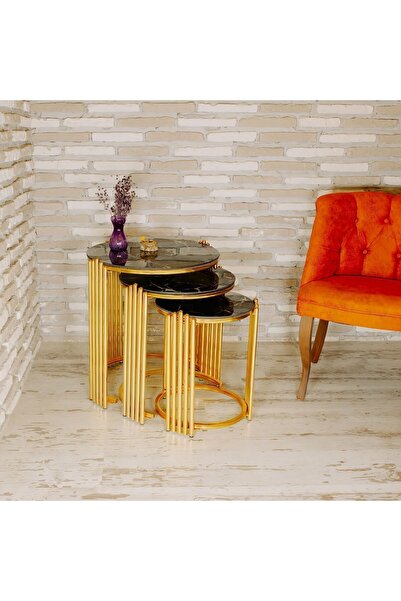 Lion Lioon Art Piano 3lü Zigon Sehpa Gold Metal Sehpa Siyah Mermer Desen