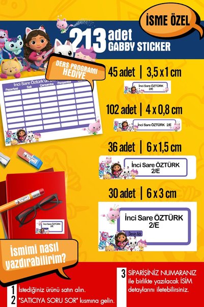 SelisCraft Okul Etiketi GABBY Temalı Özel İsim Yazılabilen Kalem, Defter, Boy...