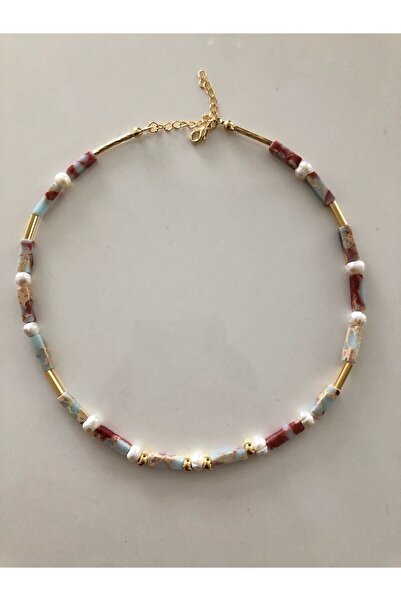 tones official Mavi Gerçek Doğal Taşlı-incili Boru Kolye