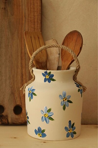 Hoyatap Mavi Çiçek Desenli Dekoratif Halat Askı Detaylı Bahar Temalı Vazo