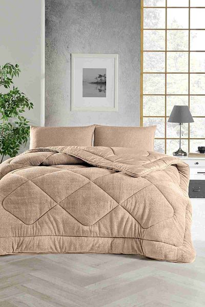 ÇARŞAF DÜNYASI King Size Quilt, Colorful, Wellsoft, Plush Soft, Double Sided, 215x235 (220x240) Beige
