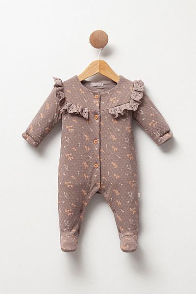 Cassiope Embroidery Detailed and Ruffle Patterned Baby Girl Jumpsuit - Front Buttoned and Booties