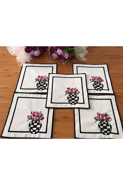 LİNDA MİA Square Cocktail Napkin 5-Piece Vase Checkerboard Pattern