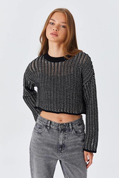 MsLena Butik Kadın Ajurlu (Delikli) Kısa Crop Kazak Siyah M186-6852