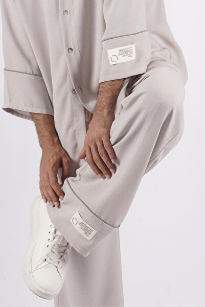 LoFiBuy Unisex Tek Yırtmaç Krem Oversize Rahat Kalıp Alt Üst Takım