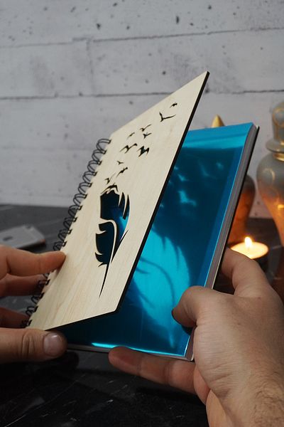 markcat Bird Feather Themed Dotted Notebook with Wooden Cover - Agenda and School Notebook (A5 - 120 Pages)