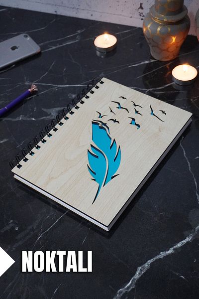 markcat Bird Feather Themed Dotted Notebook with Wooden Cover - Agenda and School Notebook (A5 - 120 Pages)