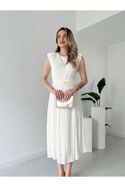 Lusin Γυναικείο Καλοκαιρινό Φόρεμα Λευκό Κομψό Μέσης με Λεπτομέρεια με Βάτα