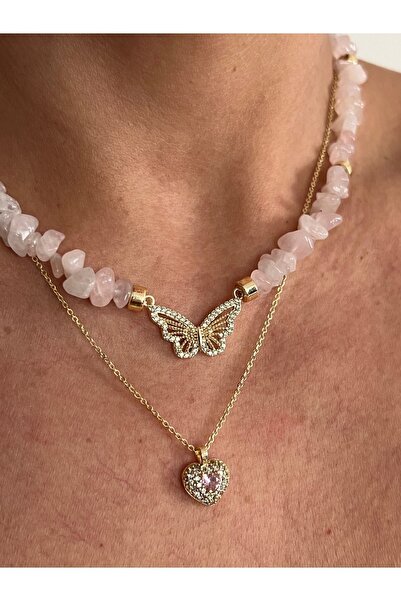 tones official Pembe Kuvars Tasarım Kelebek Taşlı Kolye
