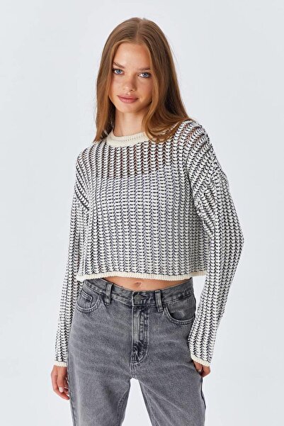 MsLena Butik Pulover crop scurt ajurat alb - perforat, damă, M186-6852