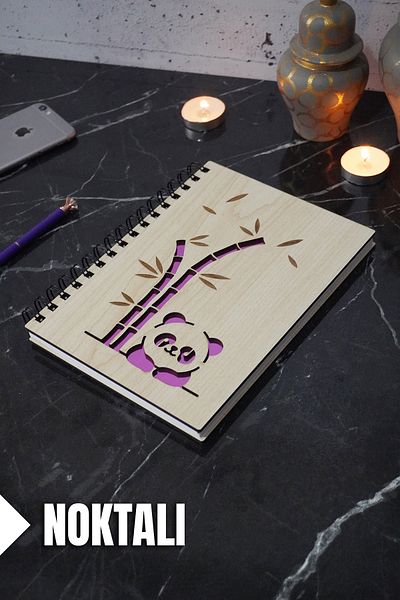 markcat Σημειωματάριο με θέμα Panda με κουκκίδες με ξύλινο κάλυμμα - Ατζέντα και σχολικό σημειωματάριο (A5 - 120 φύλλα)