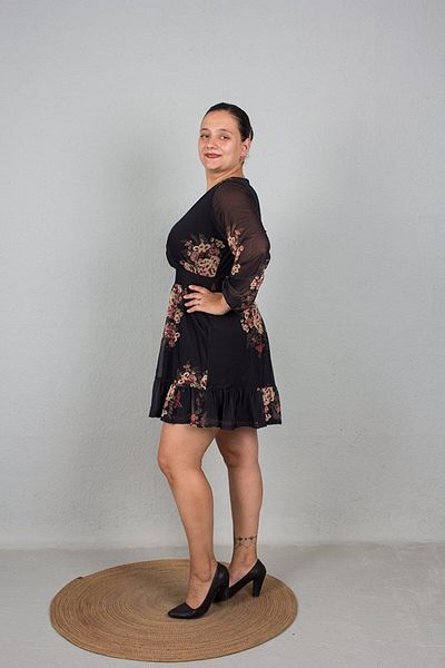 Truva XXL Black Mini Chiffon Patterned Plus Size Dress - Lined