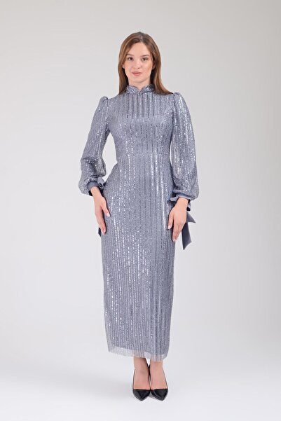 SpringStore Gri Pul Payetli Tesettür Abiye Elbise