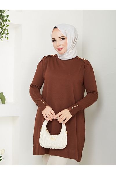 Pamuk Butik Дамска туника от мерсеризирано плетене със студена прежда, еполети и копчета на ръкавите на рамото