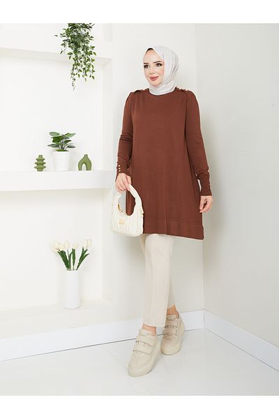 Pamuk Butik Дамска туника от мерсеризирано плетене със студена прежда, еполети и копчета на ръкавите на рамото