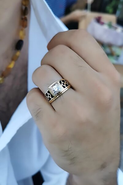 Utku Kuyumculuk 14 AYAR İTALYAN MODEL SİYAH MİNELİ ÖZEL TASARIM ALTIN YÜZÜK