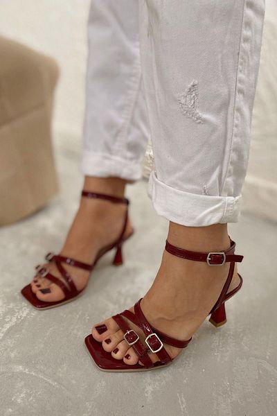BZC AYAKKABI Women's Burgundy Patent Leather Buckle Heeled Shoes