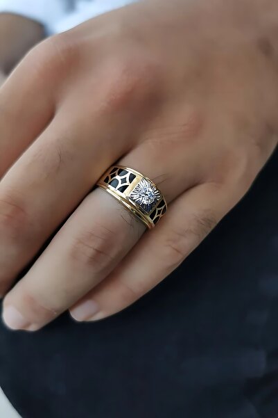 Utku Kuyumculuk 14 AYAR İTALYAN MODEL SİYAH MİNELİ ÖZEL TASARIM ALTIN YÜZÜK