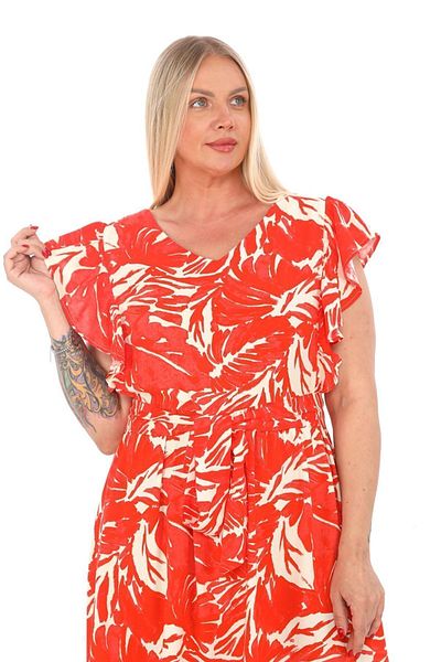 etselements Long Viscose Dress - Fly Sleeve, Crew Neck, Floral Print and Belted