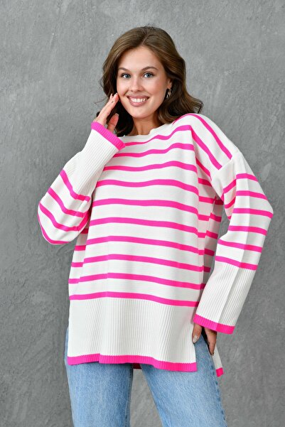 bayansepeti Pulover tricotat supradimensionat cu model cu dungi roz - Gât rotund, cu fante laterale, mânecă lungă, 2543