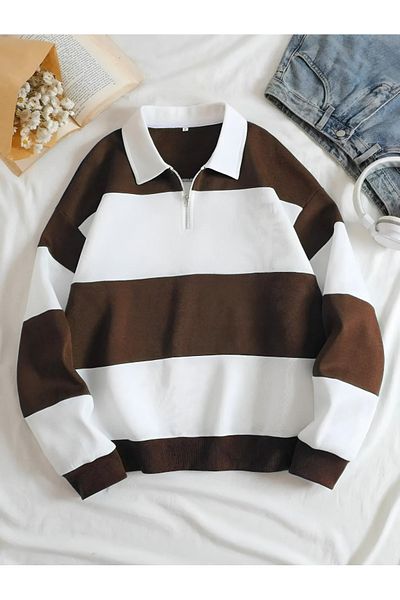 NewCabin New Season Unisex Oversize ριγέ ιδρώτα - 3 κλωστές, μισό φερμουάρ